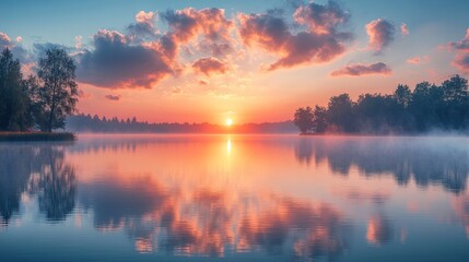Fototapeta premium Serene Sunrise over Misty Lake