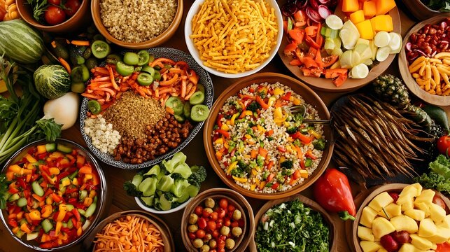 Colorful assortment of fresh vegetables and grains.