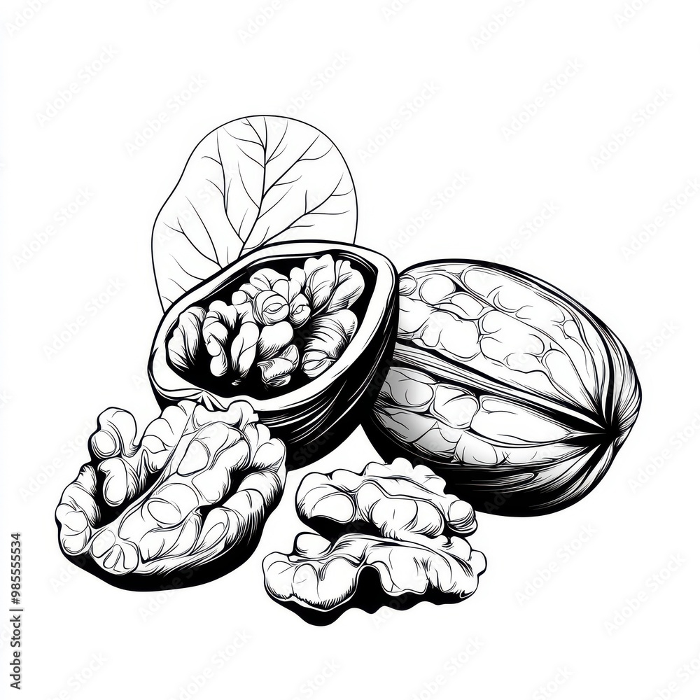 Wall mural continuous line art drawing of walnuts, isolated on a white background.