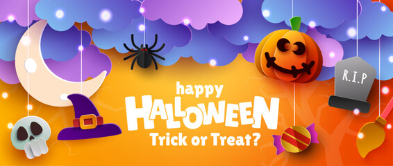 Festive Halloween banner with pumpkins, witches' hats, and clouds. Vector Illustration.