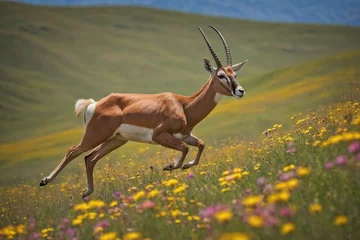  Antelope Leaping Through a Field of Wildflowers in a Lush Valley © AungMyintMyat