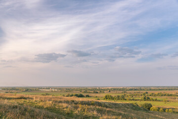 A large, open field with a few trees in the distance