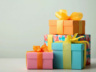 Obraz premium A vibrant stack of colorful gift boxes wrapped with bright ribbons. The playful mix of colors and patterns creates a joyful and celebratory atmosphere against a simple background.