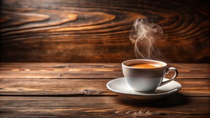 Obraz premium A close-up shot of a steaming cup of espresso coffee on a wooden table