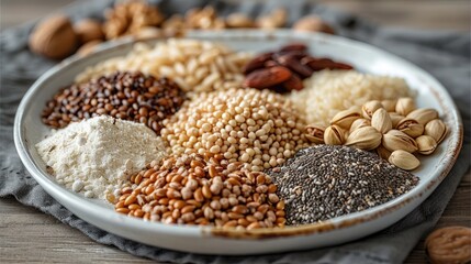 Obraz premium Plate containing various grains and seeds with their shells, including oats, barley, buckwheat, rice, millet, rapeseed powder, cornflakes, coconut flakes, walnut pieces, cashew pieces, and pine nuts.