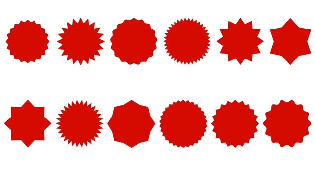 Circle sticker set. Wavy edge promo yellow badges. Star burst shape tags for price. Blank sale stickers. Simple silhouette. Flat vintage labels. Vector Graphic illustration.
