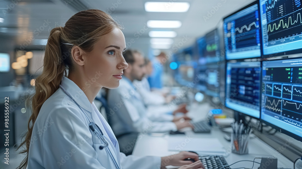 Poster a female doctor is working on a computer in a modern hospital control room with multiple monitors di