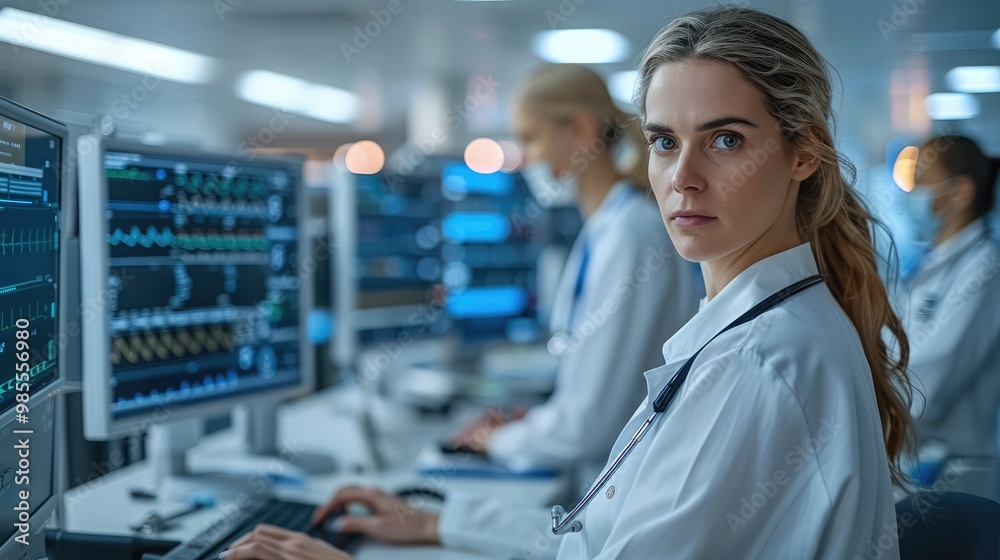 Poster A female doctor is working on a computer in a modern hospital control room with multiple monitors displaying data. Other doctors are focused at work in the room. Generative AI.