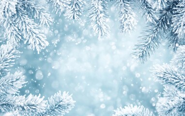 Snow-covered pine branches framing a soft, blurred winter background with falling snowflakes.