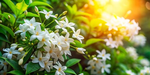 In a garden filled with lush greenery, beautiful jasmine flowers thrive, bathed in gentle, natural...