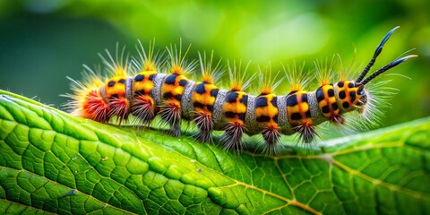 Fototapeta premium In a lively garden, a striking tiger moth caterpillar traverses the rich green leaves, highlighting nature's intricate