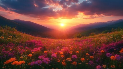 Fototapeta premium Sunset over a Field of Flowers