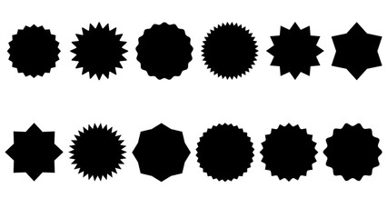 Circle sticker set. Wavy edge promo black badges. Star burst shape tags for price. Blank sale stickers. Simple silhouette. Flat vintage labels. Vector Graphic illustration.