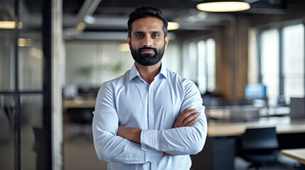 A confident young Indian man in casual attire stands with his arms crossed, looking directly at the camera while standing inside an office space filled with glass walls and desks.