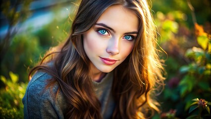 Naklejka premium In a tranquil outdoor scene, a graceful woman with brown hair and blue eyes poses beautifully under soft,