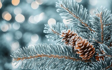 Snow-covered pine branches framing a soft, blurred winter background with falling snowflakes.
