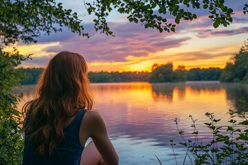 Fototapeta premium A young woman gazes at a breathtaking sunset mirrored on a serene lake, framed by verdant trees.