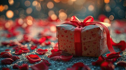 A festive, red-wrapped gift box adorned with a knitted heart decoration, set against a soft bokeh background, evoking warmth and holiday cheer.
