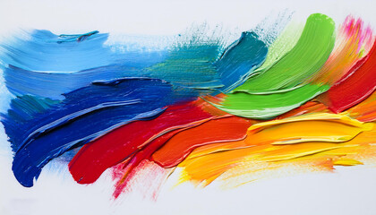 Vibrant paint strokes in blue, red, yellow, and green on a pristine white canvas