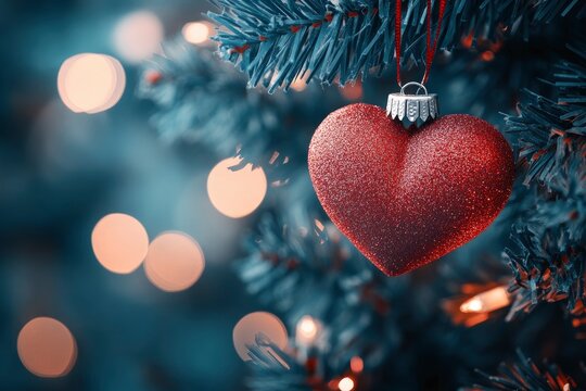 Decorative heart on Christmas tree, closeup. Festive background. Beautiful Christmas heart on blurred background, closeup with generative ai