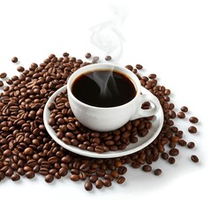 A white cup of hot coffee with coffee beans pile on white background, drink and beverage concept