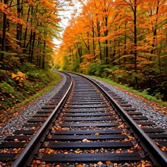 Fototapeta premium Empty railway to the autumn forest with autumn trees on both side view landscape on sunlight sky