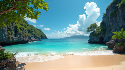 Fototapeta premium Vibrant Tropical Beach and Sunset Photos - Idyllic Coastlines, Crystal Blue Waters, and Lush Palms in Bali and Tulum