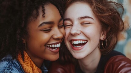 Fototapeta premium A heartfelt moment between two young women, filled with laughter and shared secrets, highlighting their special sisterly bond.