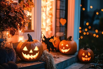 Obraz premium A cheerful abode is transformed for the season with glowing jack-o'-lanterns, whimsical cobwebs, and eerie lights creating a hauntingly festive atmosphere.