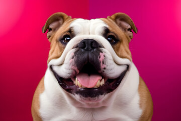 Obraz premium Smiling Bulldog dog with happy expression face Isolated on magenta, hot pink background detail prompt