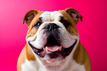 Fototapeta premium Smiling Bulldog dog with happy expression face Isolated on magenta, hot pink background detail prompt