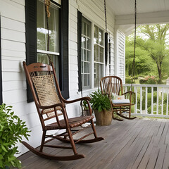 A classic white farmhouse with black shutters features a spacious wooden porch adorned with a rocking chair.