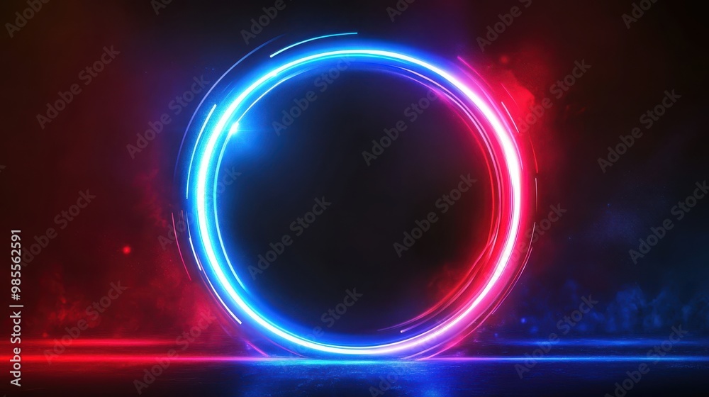 Wall mural circular black friday badge with bold fonts and glowing red and blue neon lights, perfect for sales 