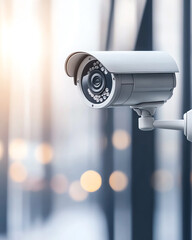 Close-up of a modern surveillance camera against a blurred urban background.