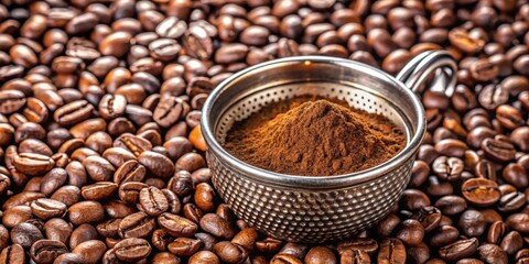 Fototapeta premium Freshly ground coffee beans in a metal filter surrounded by whole coffee beans