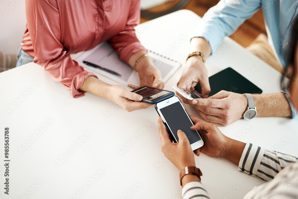 Poster phone screen, hands and team of business people in office with social networking, communication and 