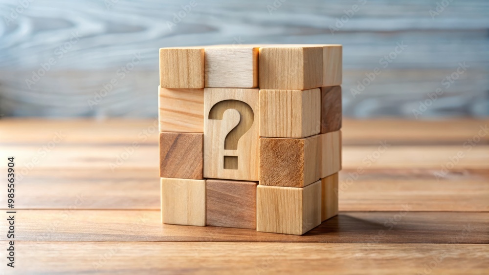 Poster Wooden cube puzzle with question mark image, perfect for problem-solving and mystery themes