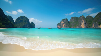 Fototapeta premium Vibrant Tropical Beach and Sunset Photos - Idyllic Coastlines, Crystal Blue Waters, and Lush Palms in Bali and Tulum