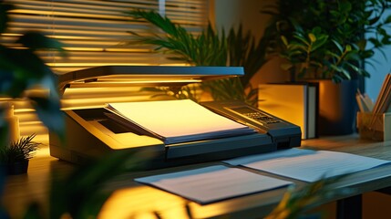 A sleek scanner sits on a tidy desk, its focused light ensuring crisp and precise document captures.