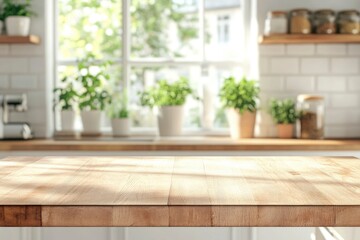 Empty top table for product or food montage with modern kitchen room background with generative ai