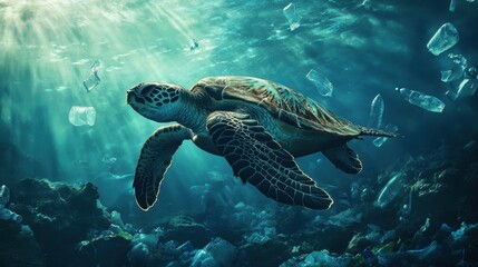 A turtle swimming in the ocean with plastic bottles floating around it
