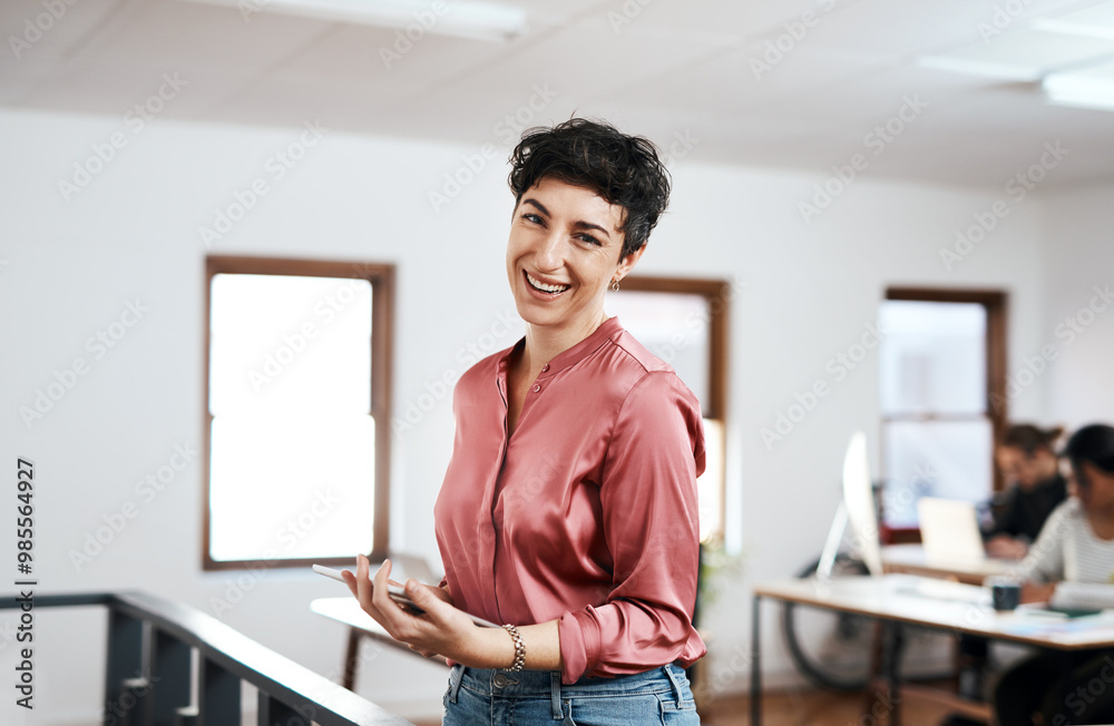 Aufkleber Office, happy and portrait of woman with tablet for web development, review and communication. Company, developer and smile with technology at IT startup for ux project, info and update of database