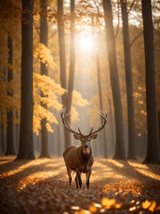 A stag stands on a forest path surrounded by golden autumn leaves