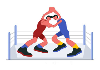 Obraz premium Wrestling Vector Illustration of Two Fighters in a Boxing Competition or Championship Match in an Arena in a Flat Style Cartoon Background