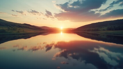 Sunset over lake and mountains