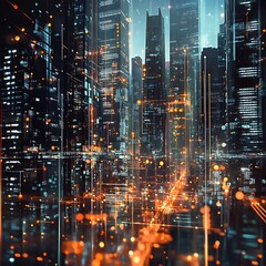 Fototapeta premium Blurred sky scrapers with orange glowing light on foggy cityscape, tall tower with motion effect
