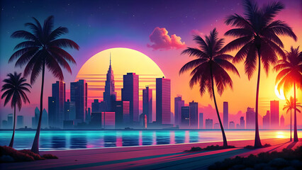 Coastal city at twilight, bathed in neon hues and framed by swaying palm trees.