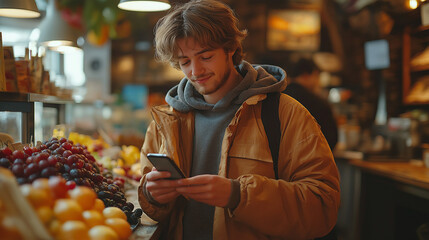 Young man using smartphone in a shop,,  standing indoors