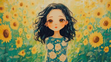 A painting of a girl in a flower field  with curly hair and brown eyes, wearing a dress with a floral pattern