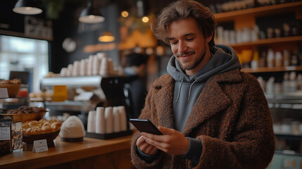 contactless payment reader on waitress hand give to customer scan from smartphone to paying bill at table in the cafe fr technology transaction concept